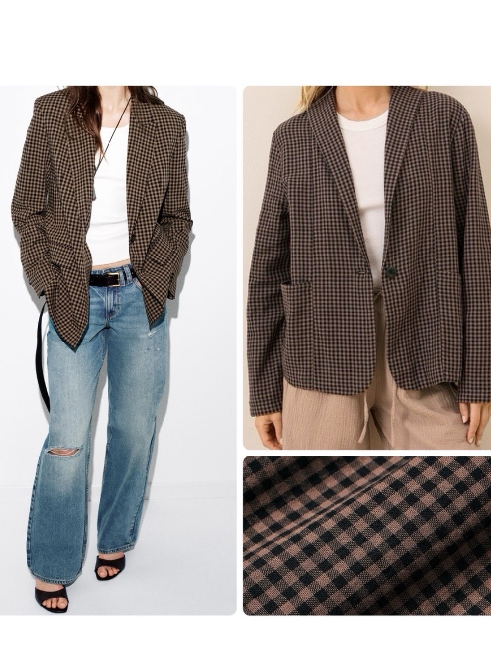 Pact Coastal Double Gauze Brown Gingham Blazer (L)